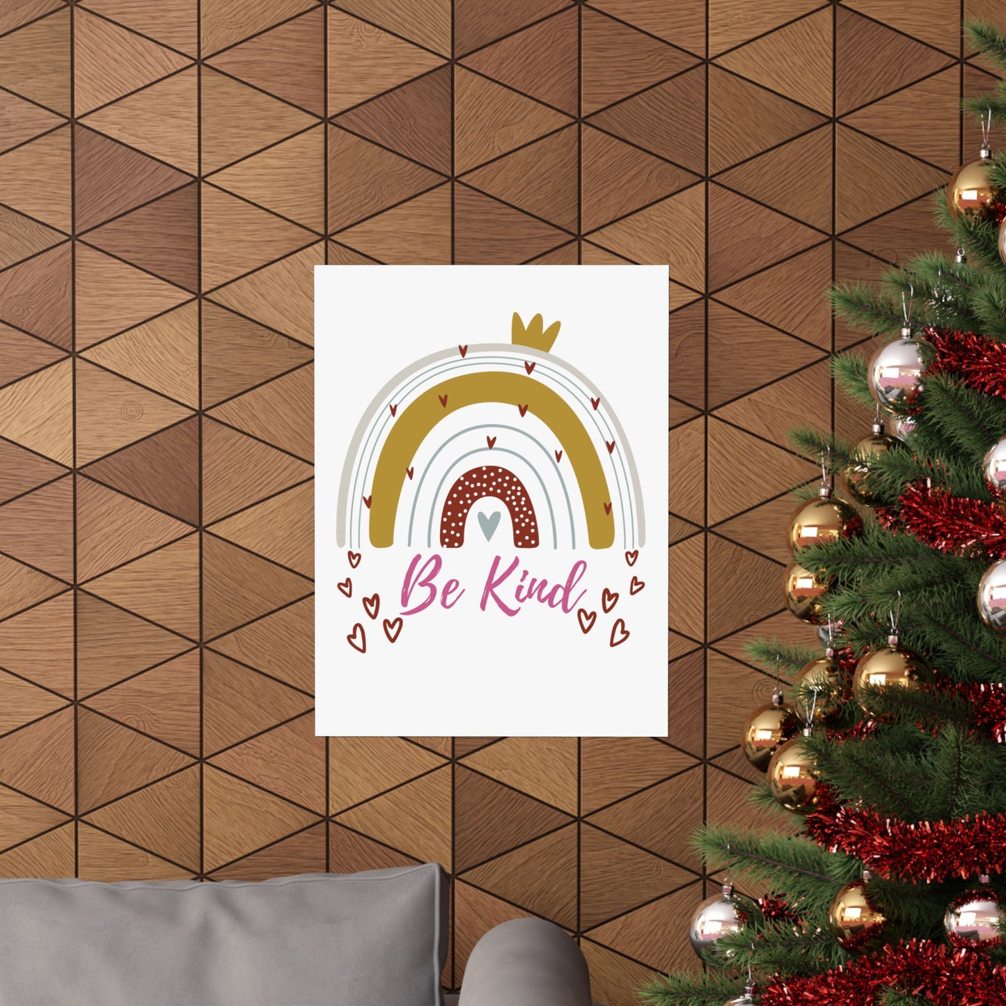 Vertical Poster - Be Kind Neutral Toned Rainbow with Hearts